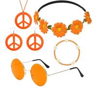 5 Pièces Accessoires Hippie pour femmes, Ensemble de Costume Hippie avce Fleurie Bandeau Lunettes Hippie Boucles d'oreilles Collier Signe de Paix Bracelet pour Musique Fête des Années 60 70