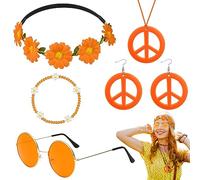 5 Pièces Accessoires Hippie pour femmes, Ensemble de Costume Hippie avce Fleurie Bandeau Lunettes Hippie Boucles d'oreilles Collier Signe de Paix Bracelet pour Musique Fête des Années 60 70
