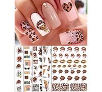 5 pièces Autocollants à ongles imprimés d'animaux mélangés, léopard coloré, imprimé lèvres, lignes, verres, lettres d'alphabet, autocollants 3D auto-adhésifs pour la décoration de manucure, accessoire