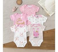 5 pièces Bodies de bébé fille de 0 à 12 mois, manches courtes, mignons imprimés de dessins animés, quatre saisons 6-9M,9-12M,1-3M,3-6MCartoon,Géométrique,Lettres,Pois,Plantes,Tout ImpriméÉtoffe