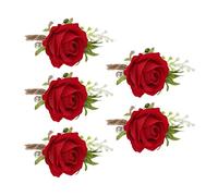 5 Pièces Boutonnière de Mariage Rose Boutonnière Blanche Fleurs de Boutonnière de Corsage Faites à la Main, Accessoires de Fleurs de Mariage Artificielles pour Hommes marié (Rouge)