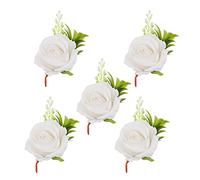 5 Pièces Boutonnière de Mariage Rose Boutonnière Blanche Fleurs de Boutonnière de Corsage Faites à la Main, Accessoires de Fleurs de Mariage Artificielles pour Hommes marié (White)