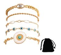 5 Pièces Bracelet Femme Or Argent Lot 14K Réglable Acier Inoxydable Bracelets Serpent Figaro Chaîne Doré Ensemble pour Femmes Filles (Œil du diable)