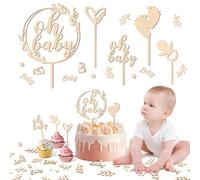 5 Pièces Cake Topper Communion Cake Topper Baptême Topper Cake Bapteme Cake Topper Bapteme Confettis Bapteme Cake Topper Oh Baby en Bois Oh Baby décoration de gâteau Gender Reveal pour Fête Prénatale