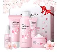 5 Pièces Cherry Blossom Ensemble Soin du Visage, Skincare Set pour Ado Fille avec Nettoyant, Tonique, Crème Hydratante, Sérum, Soin Nourrissant Yeux, Cadeau de Fête des Mères pour Femmes