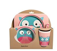 5 Pièces Coffret Vaisselle Repas Bébé , Jeu de vaisselles en Bambou, La Fibre De Bambou Vaisselle pour Enfants-Chouette
