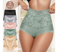 5 pièces Culottes gainantes taille haute pour femmes, motif jacquard en patchwork de dentelle, confortable et sans couture L,M,S,XL,XXLgraphique,Plantes,BaroqueTissu tricoté