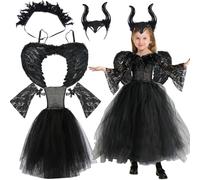 5 Pièces Deguisement Maléfique Fille Halloween, Méchante Costume Enfant, Méchante Reine Sorciere Robe avec Diadème Cornu Ailes Noires Manches Dentelle pour d'Halloween Carnaval Cosplay Tenue De Fête