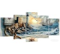 5 Pièces Diamond Painting Phare, Grande Peinture Diamant Océan, 5D Bricolage Kit Broderie Loisirs Créatifs Adultes, XXL Puzzle Strass Mosaïque, Point de Croix pour Murale Décor 100x60cm W5-514