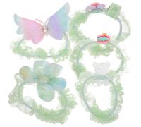 5 Pièces Élastiques à Cheveux, Vert Décoratif, Extensible | Motifs Ours, et Fleur, Tissu Résine Plastique, pour Tresses, Poignet, Fêtes et Danse