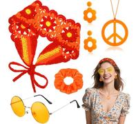 5 Pièces Ensemble d'accessoires Hippie, Vintage Set Accessoire de Costume Flower Power avec Bandeau Tricot Lunettes Collier La Paix Serre-tête pour Femme Carnaval Soirées Thème Années 60,70,80
