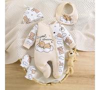 5 pièces Ensemble de barboteuse, chapeau, gants, bavoir et tenue mignonne pour bébé garçon nouveau-né avec imprimé nuage et couleurs contrastées, convient pour toutes les saisons 6-9M,0-1M,1-3M,3-6MCa