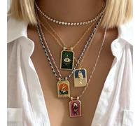 5 pièces Ensemble de colliers pendentifs poisson à goutte d'huile bohème, collier chaîne strass à l'œil du diable du tarot, convient pour les femmes à porter en été, à la plage, en vacances, en fête A