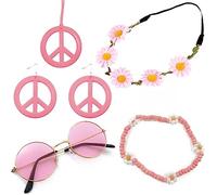 5 pièces Ensemble de Costume Hippie Accessoires Deguisement Hippie Accessoire d'habillage 60s 70sLunettes Vintage Bandeau Fleur de Collier Signe de Paix Boucles d'oreilles (rose)