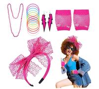 5 pièces/ensemble de déguisements des années 80 pour femmes, accessoires de déguisement néon des années 80, ensemble avec bandeau en dentelle, gants en résille, boucles d'oreilles néon, collier pe