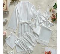 5 pièces Ensemble de vêtements de nuit en satin pour femmes, comprenant un débardeur en dentelle, un pantalon, un short, un élégant peignoir et une tenue de détente. Polyvalent pour l'extérieur ou la 