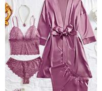 5 pièces Ensemble de vêtements de nuit pour femmes, ensemble de pyjamas élégant avec dentelle florale de couleur unie - Débardeur semi-transparent à col V, culottes triangulaires, shorts en satin, rob