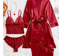 5 pièces Ensemble de vêtements de nuit pour femmes, ensemble de pyjamas élégant avec dentelle florale de couleur unie - Débardeur semi-transparent à col V, culottes triangulaires, shorts en satin, rob