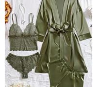 5 pièces Ensemble de vêtements de nuit pour femmes, ensemble de pyjamas élégant avec dentelle florale unie : débardeur transparent à col en V, culottes triangulaires, shorts en satin, robe de chambre