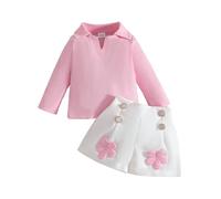 5 PièCes Ensembles éLéGant VêTements Fille, Ensemble Fille T-shirt Côtelé Manches Longues avec Short Fleuri pour Enfant Vêtements Confectionnés en Coton Doux et Confortable Idéal pour Tous les Jours