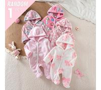 [5 pièces Envoyé aléatoirement 1 pièce]Pyjama une pièce automne/hiver à capuche en peluche avec boutons, manches longues, pantalon long, pieds couverts, nœud, imprimé léopard, cœur, motif floral color