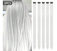 5 pièces Extensions de cheveux blanches à clipser, 20 pouces de long droites, en matériau synthétique, convient pour l'Halloween, les fêtes de mode, Noël, le Nouvel An et autres occasions, peut être u
