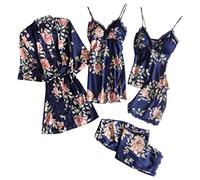 5 Pièces Femme Sexy Chic Ensemble De Vêtements De Nuit en Satin Nuisette Dentelle Cami Chemise De Pyjama, Feminin Sensuelle Peignoir de Soie Chemisette De Nuit Ensemble De Lingerie