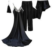 5 Pièces Femmes Chemises De Nuit D’été Satin Sexy Robe Robe pour Femmes Pyjama Ensemble, Black, M