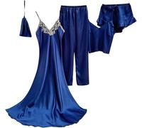 5 Pièces Femmes Chemises De Nuit D’été Satin Sexy Robe Robe pour Femmes Pyjama Ensemble, Navy, XL