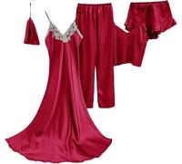 5 Pièces Femmes Chemises De Nuit D’été Satin Sexy Robe Robe pour Femmes Pyjama Ensemble, Red, S