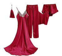 5 Pièces Femmes Chemises De Nuit D’été Satin Sexy Robe Robe pour Femmes Pyjama Ensemble, Red, XL
