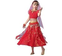 5 Pièces Haut + Jupe + chaîne de Taille + Voile + Coiffe + Collier Tenue Danse Orientale Fille Enfant Robe Danse du Ventre Deguisement Indienne Princesse Spectacle Cosplay
