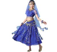 5 Pièces Haut + Jupe + chaîne de Taille + Voile + Coiffe + Collier Tenue Danse Orientale Fille Enfant Robe Danse du Ventre Deguisement Indienne Princesse Spectacle Cosplay