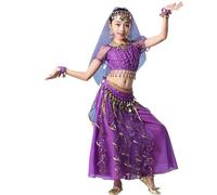 5 Pièces Haut + Jupe + chaîne de Taille + Voile + Coiffe + Collier Tenue Danse Orientale Fille Enfant Robe Danse du Ventre Deguisement Indienne Princesse Spectacle Cosplay
