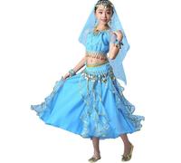 5 Pièces Haut + Jupe + chaîne de Taille + Voile + Coiffe + Collier Tenue Danse Orientale Fille Enfant Robe Danse du Ventre Deguisement Indienne Princesse Spectacle Cosplay