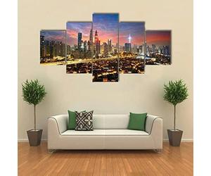 5 Pièces Hd Imprimé Toile Art Mural Impressions Sur Toile Pour Salon Décoration Moderne Impressions Sur Toile Vue Nocturne Des Bâtiments De La Ville De New York Avec Cadre 100 X 50 Cm Décor À La Mais