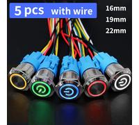 5 pièces interrupteur à bouton-poussoir en métal 12v 16mm 19mm 22mm anneau lampe symbole d'alimentation lumière LED étanche auto-verrouillage réinitialiser avec connecteur 220 5 Circle White