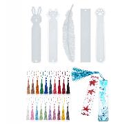 5 pièces Kit de moule à marque-page en résine DIY, comprend 20 pièces de glands de couleur aléatoire - Moule de coulée en résine époxy en silicone, peut faire des formes de lapin, chat, plume et recta