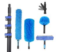 5 Pièces Plumeau Télescopique de 3.65 m avec Manche en Fibre de Carbone de rallonge 1,12 m à 3,65 m, Microfibre Lavable, raclette de fenêtre, Balai Toile d'Araignée, pour Plafonds, Meubles, Stores
