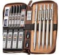 5 Pièces Porte-Mines Métal Avec Étui En Cuir, Criterium 0,3, 0,5, 0,7, 0,9 Et 2 Mm Recharges De Mine (Noir Et Couleurs) Avec Gommes,Taille Crayon, Pour L'art, Le Dessin, L'écriture, L'esquisse