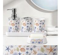 5 pièces/set Accessoires de salle de bain thème coquillages d'océan frais, comprenant un distributeur de savon liquide, un porte-brosse à dents, un porte-savon, un gobelet pour bain de bouche et un di
