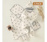 5 pièces/set Bavoirs, chapeaux, gants et couverture d'emmaillotage avec imprimé ours de bande dessinée, designs mignons pour fête de célébration et port quotidien, convient aux nourrissons de 0 à 1 an