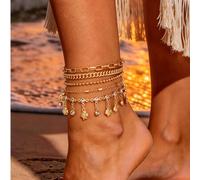 5 pièces Set de bracelets de cheville à la mode avec strass, designs de chaînes variés, convient aux femmes et aux filles, pour les vacances, les fêtes, le port quotidien Taille UniqueCuivre