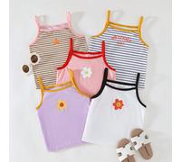 5 pièces/set Débardeurs amples et polyvalents de couleurs dopamine pour jeunes filles en été, convient pour la maison, les sorties et les vacances 6Y,7Y,8Y,4Y,5YRayé,Fruits & légumes,PlantesÉtoffe