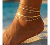 5 pièces/Set Ensemble de bracelets de cheville style bohème à plusieurs couches avec chaîne serpent & chaîne lotus dorée, bijoux d'été ajustables pour la plage Taille UniqueAlliage de zinc