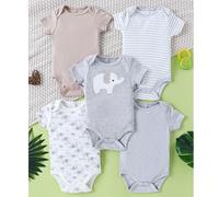5 pièces/set Nouveaux bébé et bébé garçon Barboteuses à motif éléphant de couleur unie et rayures colorées, convient pour le port extérieur, toutes saisons 6-9M,1-3M,3-6MRayéÉtoffe
