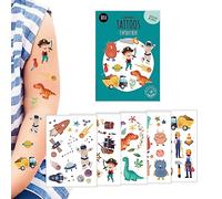 5 planches de tatouages temporaires à coller pour enfants, Motif : Explorations, Tatouages éphémères 100% vegan et hypoallergéniques, idée cadeau, cadeau d’anniversaire
