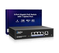 5 Port Gigabit PoE Switch with 4 Port PoE+ 1000Mbps, 1 x 1000Mbps Uplink, GiGaPlus 5 Port IEEE802.3af/at PoE @72W, Support VLAN, Metal Housing, Desktop Or Wall-Mount, Plug & Play