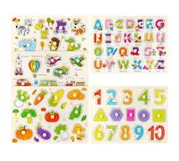5 Puzzles en Bois à Bouton, Jouet Éducatif Montessori Puzzle en Bois À Encastrement Puzzle de Animaux Nombres Alphabet Véhicules, Cadeau pour Bébés Garçons, Filles Tout-Petits 1 2 3 4 Ans