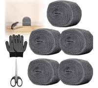 5 Rouleaux Laine D'acier, 15M Paille de Fer, Fil de Nettoyage Wire Wool, Laine Dacier Anti Rongeur, Laine Anti Rongeur avec Gants et Ciseaux pour Sceller les Interstices Nettoyage Polissage Entretien